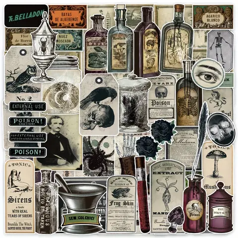 50/200PCS Vintage Potion Bottle Labels Stickers Retro Horror Gothic Stickers For Junk Journal Suitcase Scrapbooking Laptop Phone Water Bottle Decoration, Decal Sticker, Sticker Set