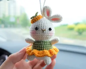 Loppy Puff - Dancing Bunny Car Mirror Hanging Accessory, Crochet Animals Rear View Mirror Accessory, Cute Car Accessories Interior, Anime Car Decor