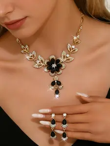 3-piece black flower gold leaf crystal jewelry set, elegant ladies' cocktail party style jewelry set (1 necklace + 2 earrings)