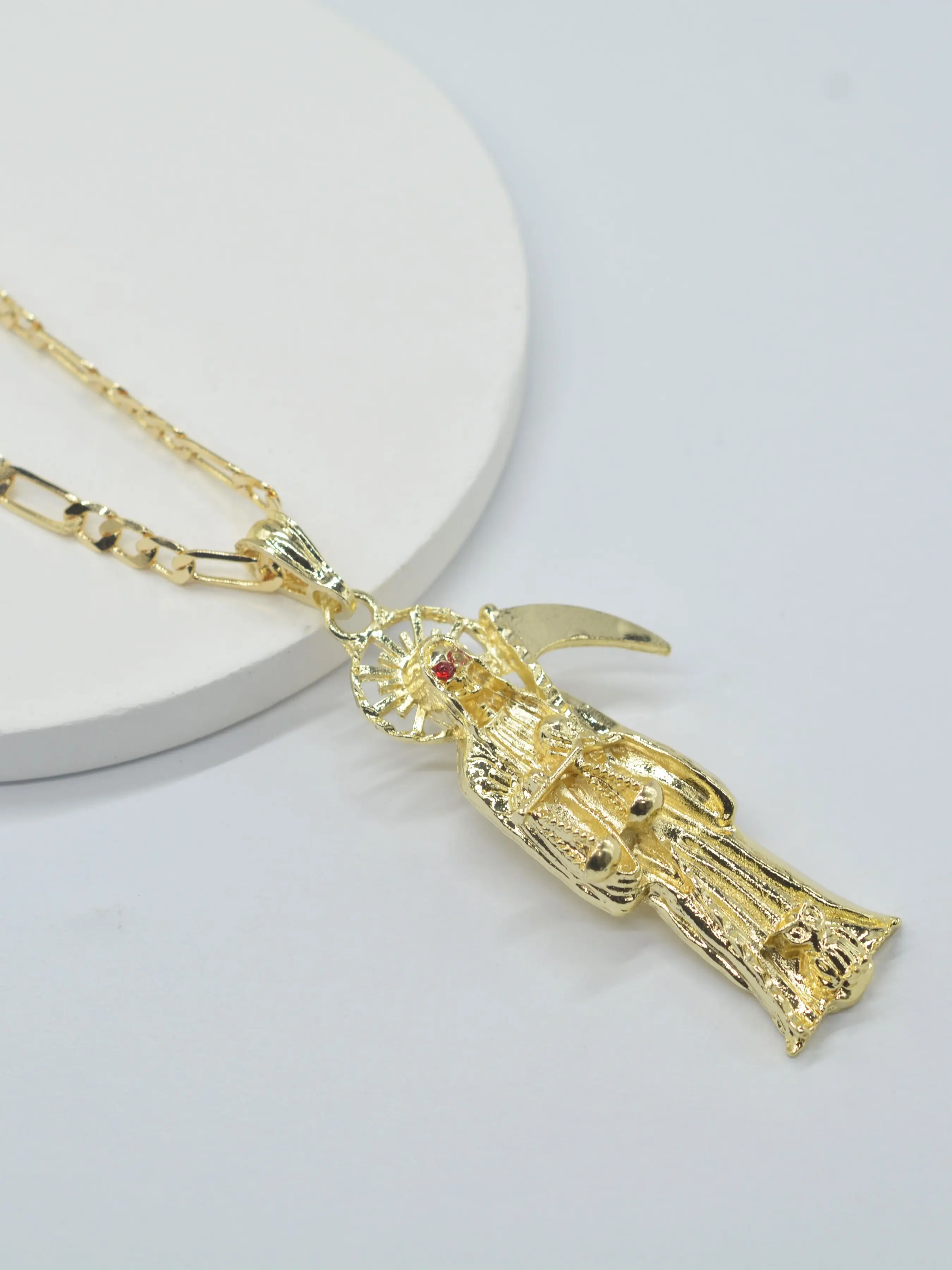 14k Gold Plated Diamond Eye Death God Necklace with Scythe and Scales, Unisex, Daily Wear, Halloween, Anniversary Gift, Jewelry Necklace, Fashion Necklace, Decorative Necklace, Exquisite Trendy Pendant Necklaces