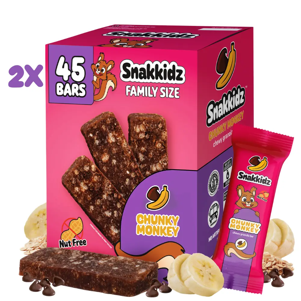 Snakkidz Organic Chewy Granola Bars for Kids, Allergen-Free, Nut-Free, Gluten-Free, Low Sugar Snack Bars Made with Avocado Oil, Individually Wrapped, School Safe Lunch Snacks, Family Bundle for 90 bars, Chunky Monkey