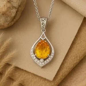 Citrine Pendant Necklace – Pear Cut Yellow Gemstone with Diamond Accents in 14k or Silver | November Birthstone Luxury Christmas Gift