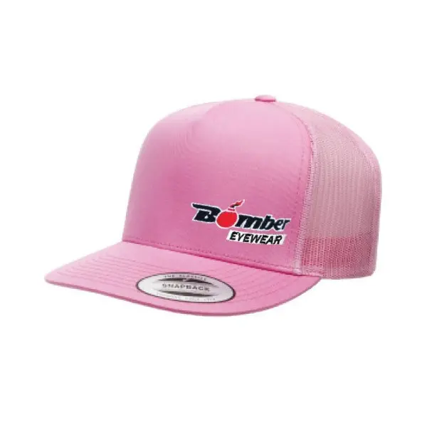 FLAT BILL PINK SNAPBACK TRUCKER HAT WITH BOMBER LOGO
