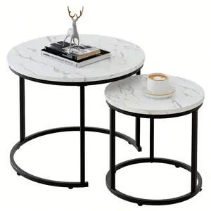 Round Nesting Coffee Table Side Table Set of 2 End Tables for Living Room Bedroom Balcony,White Faux Marble Wooden Table 31IN Accent Large Coffee Table with Black Steel Frame