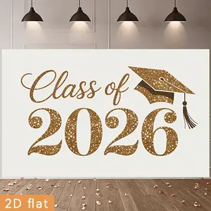 Flat 2D for Party Banners, a Single Polyester Backdrop Featuring Glittery Graduation Cap Wall Art for The Class of 2026. This Golden Sparkle Decoration Is Perfect for Home, Garden, Farm, Room, Or Club Parties