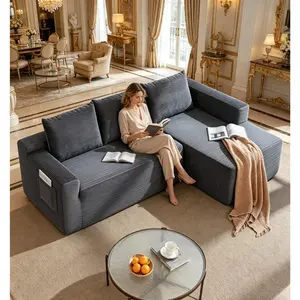 L-Shaped Boneless Sectional Couch - Modular Cloud Sofa with Oversized Chaise Lounge, Soft Corduroy Fabric Foam Down Blend Loveseat, No-Assembly Modern Adjustable Sleeper Futon for Living Room, Furniture for Apartment, Studio Apartment Furniture