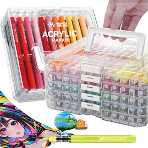 Acrylic Paint Marker Set with Storage Box, 24/36/48/60/84 Colors Automatic Ink Control Acrylic Paint Marker, Brush Tip Acrylic Paint Pen for Rock Painting, Acrylic Markers