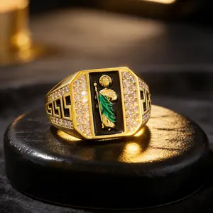 Mens Gold Plated St Jude Enamel CZ Ring Micro Paved Band Religious Statement Ring For Party Daily Wear Birthday Gift
