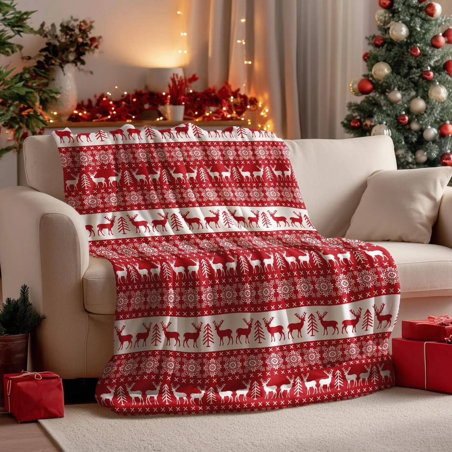 Christmas Retro Vintage Reindeer Print Flannel Cotton Throw Blanket - Soft Fuzzy Fleece, Wrinkle Resistant, Multi-Size (40x30in, 50x40in, 50x60in), Ideal for Lounging Use, Perfect Adult Gift