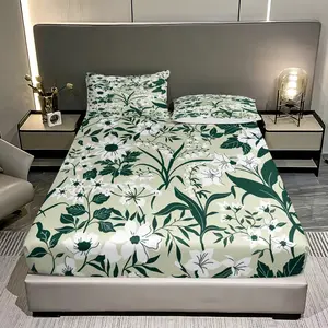Three pieces of green leaves and white flowers Print Fitted Sheet Set (1 Fitted Sheet + 2 Pillowcases), Casual Style, Home Dormitory High-Definition Print, Decorative Bedsheet Sets