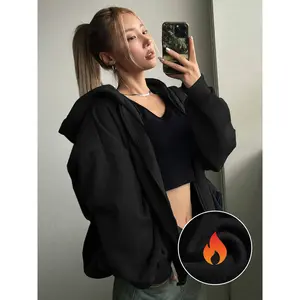 Women's Loose Solid Color Zipper Hoodie Jacket, Casual Style Long Sleeve Drawstring Design, Lightweight Pocket Sweatshirt for Daily Wear