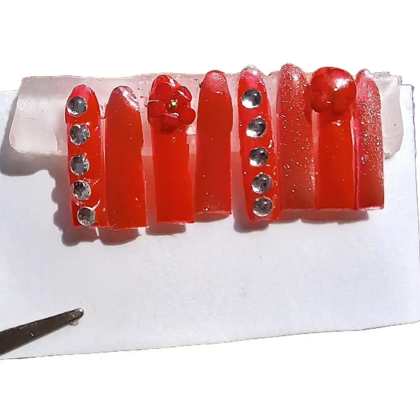 Labubu Red Press-On Nails with Silver Crystals - Labubu Accessories for Stylish Nail Looks