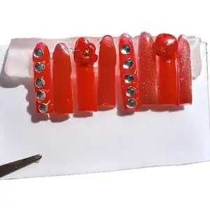 Labubu Red Press-On Nails with Silver Crystals - Labubu Accessories for Stylish Nail Looks