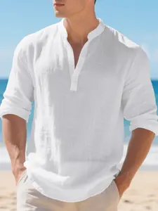 Men's loose V-neck Henry shirt, casual breathable linen shirt, fashionable stand-up collar buttoned style, simple long-sleeved T-shirt, Plain, must-have item for men's wardrobe, Top