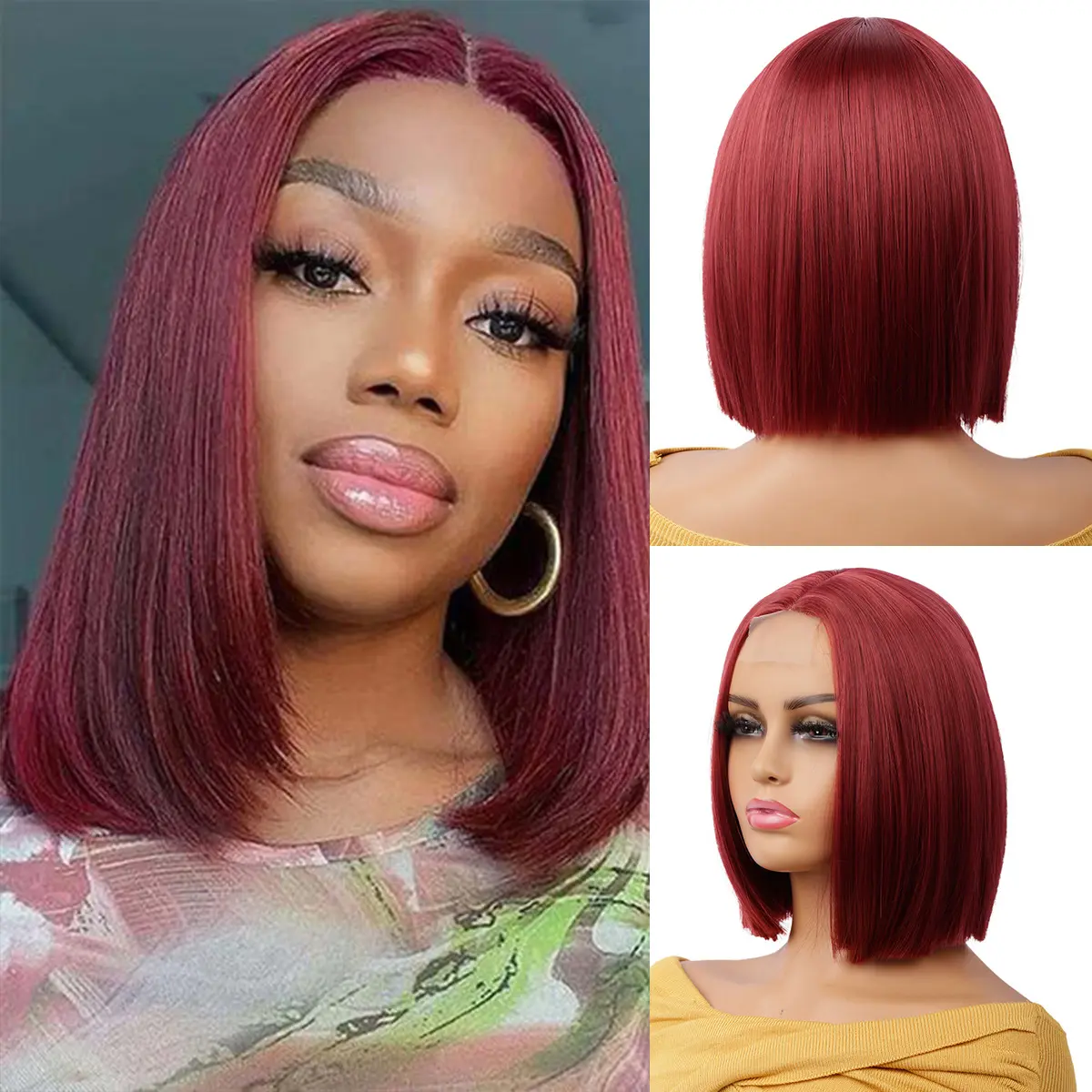 Middle Part Wine Red Bob Wig for Women Front Lace Collarbone Hair Synthetic Wig Cross-border Wig