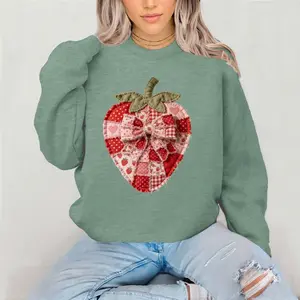 Strawberry FAUX Patchwork Crewneck Sweatshirt Gildan Everyday Style Super Soft Unisex Fit Streetwear Graphic Top warm Christmas Gift for her Womenswear Casual Printed Long Sleeved strawberry farm spring