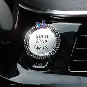 Car Engine Start Stop Decoration Ring, Sparkling Butterfly Car Engine Push Starts Button Cover, Girly Butterfly Diamond Push to Start Button, Universal Auto Decor for Women