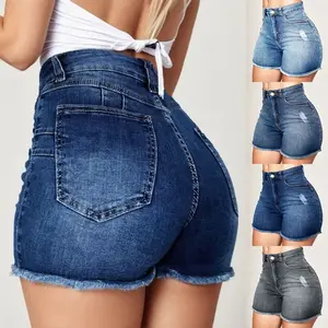 Hot Pants Sexy Women High Waist Denim Shorts Raw Edge Wrapped Hip Stretchy Shorts Summer Retro Ripped Jeans Solid Streetwear high waist compression