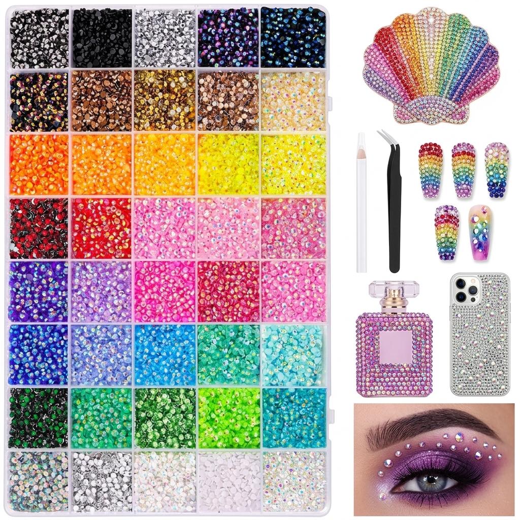 40-Color 3 mm Jelly Rhinestone Kit for dazzling – includes tools and tweezers; flat-back resin gems for DIY crafts like nail art, diamond art, shoes, phone cases, and makeup decoration sets painting