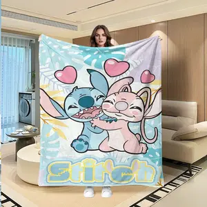Soft Healing Style Stitch and Angel Heart Embrace Fleece Blanket, Light Blue Base with All-Over Sweet Embrace Pattern, Perfect for Valentine's Day Gift and Home Decor