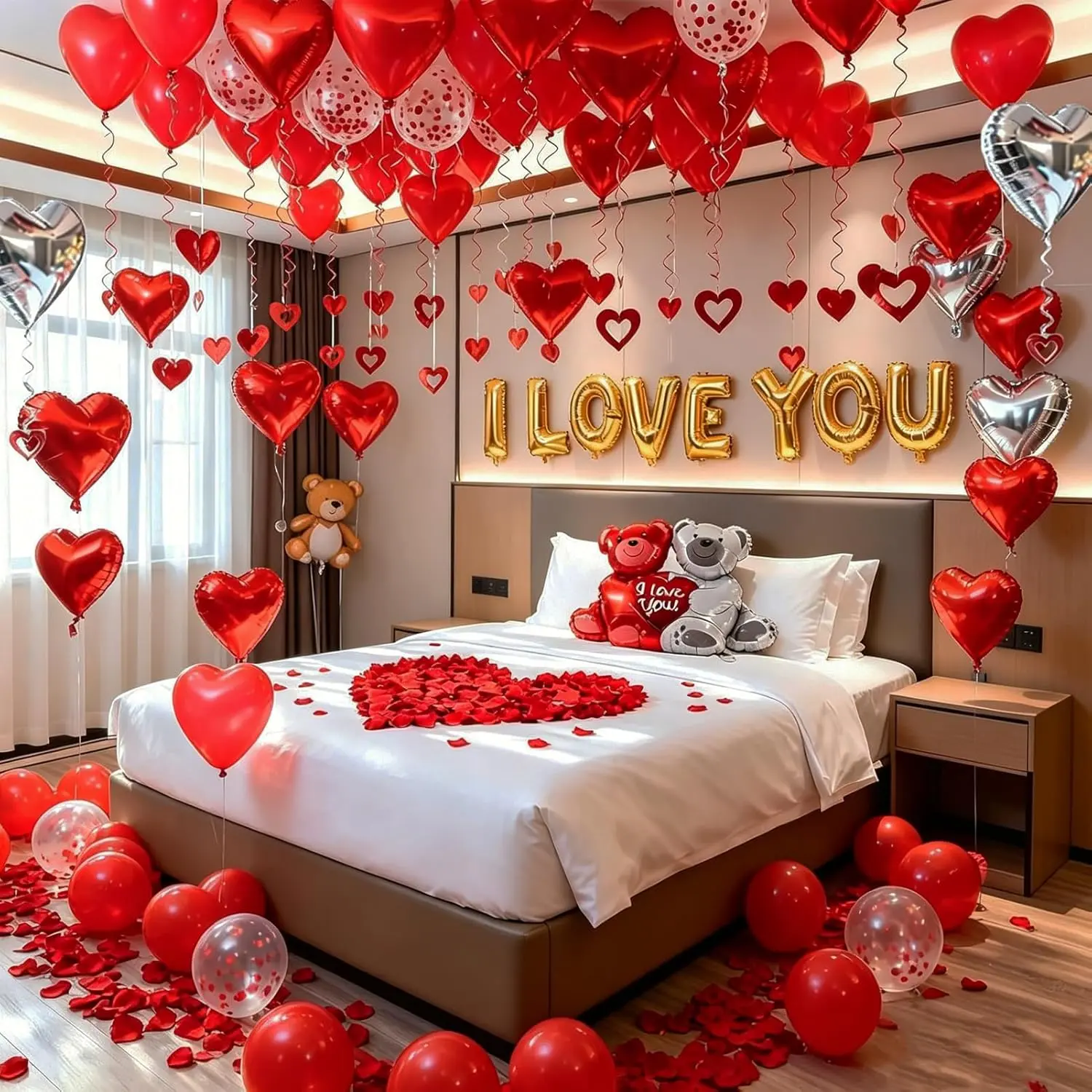 12-Inch Float Multi-Size Latex Foil Mylar Heart Balloons Set (54pcs) - 1pc Silver Heart Foil Balloon, 1000pcs Silk Rose Bear Accents, 50 Sparkling Hangers, 1 Roll Red Ribbons for Romantic Setup, Proposals, Valentine’s Day Decor