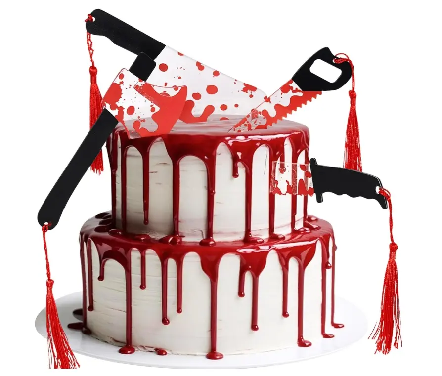 4 Pack Halloween Cake Toppers Blood Knife Cake Topper Acrylic Halloween Cake Decorations for Have a Killer Horror Birthday Party Decorations Supplies
