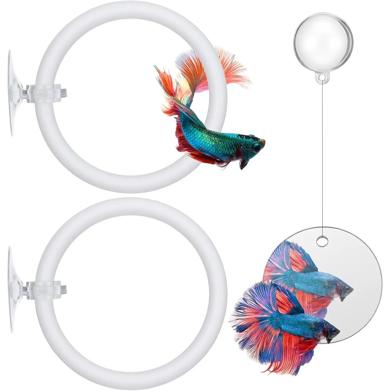 2 count Betta Fish Exercise Ring, 2 Exercise  Ring and 1 Fish Mirror with Balls Betta Enrichment Toys with Suction Cup for Small Medium Fishes Bettas Aquarium, White