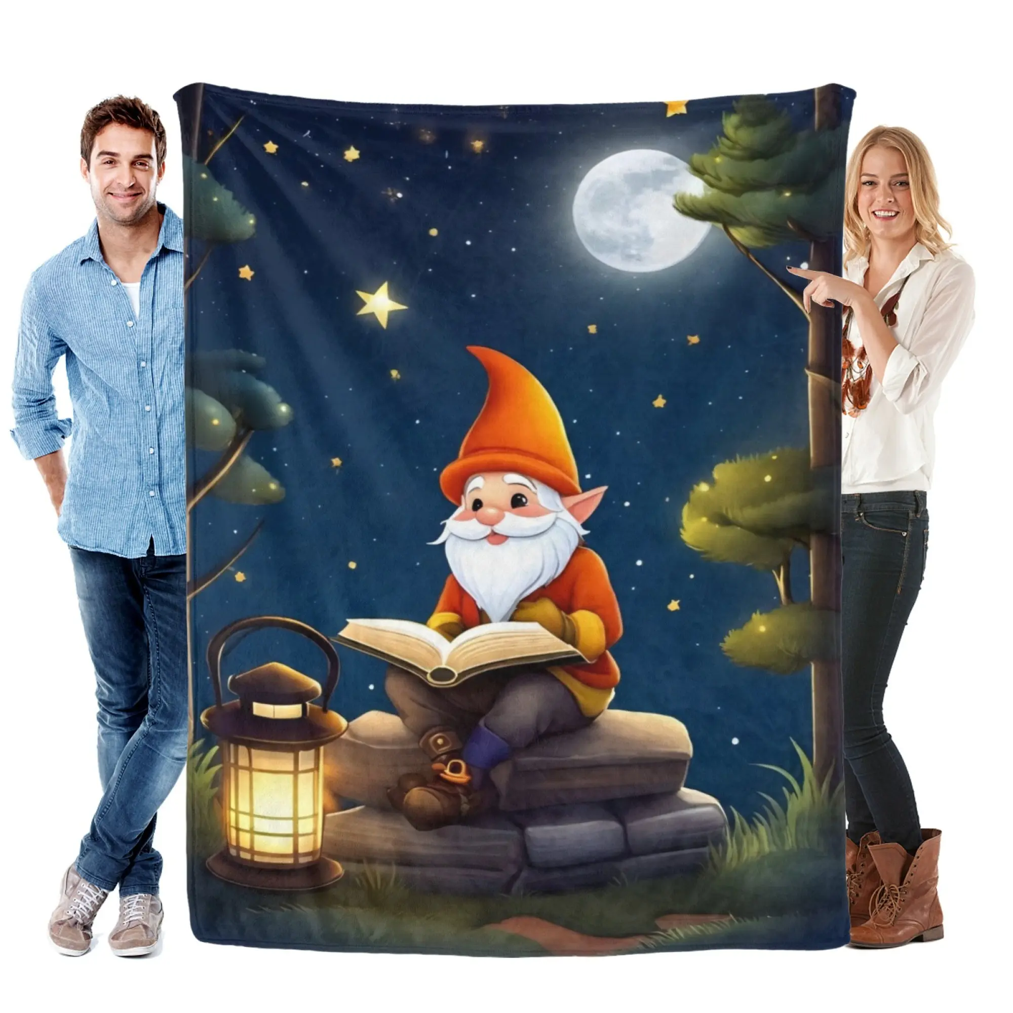 Cozy Gnome Flannel Throw Blanket – Cute Moonlight Reading Design, Soft Warm Fleece Blanket for Couch Bed, Magical Forest Night Home Decor, Cozy Gift for Gnome Lovers