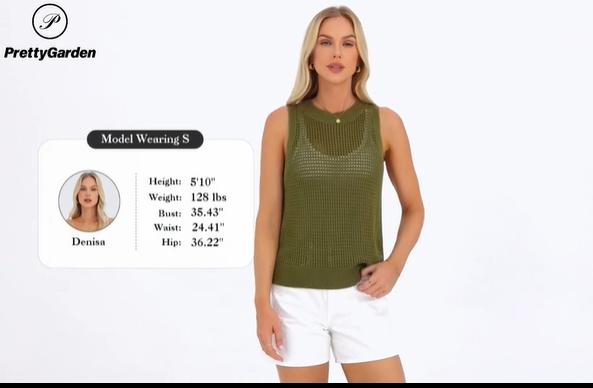 PrettyGarden Summer See Through Crochet Tank Tops for Women Casual Crewneck Hollow Out Loose Knit Sleeveless Sweater Vest Top Trendy