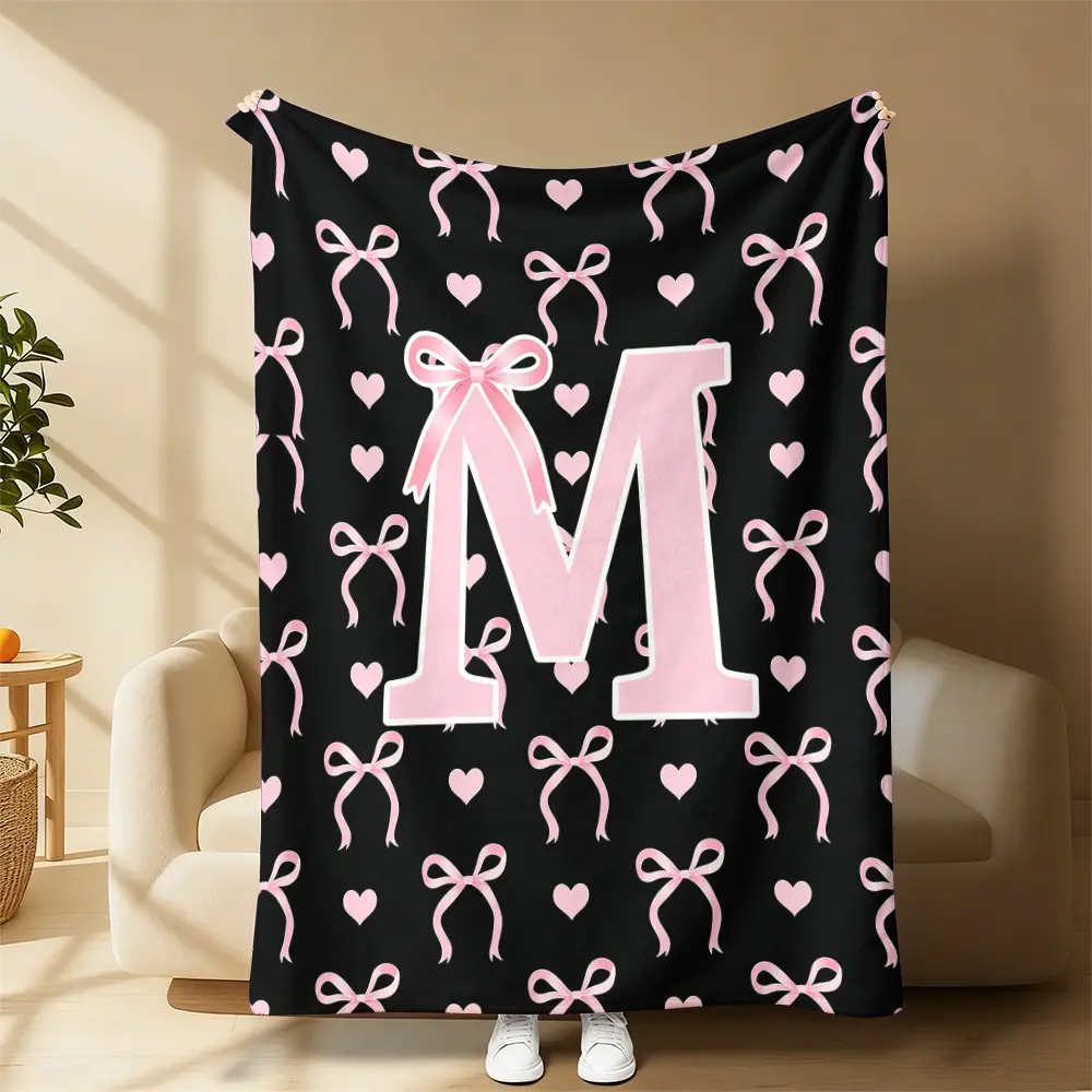 Countdown Sale! A-V-M Initial Letter Flannel Blanket Throw for Teen Girls, Black-Pink Alphabet Design, 4-Season Bedroom Bedding, Contemporary Home Decor Gift