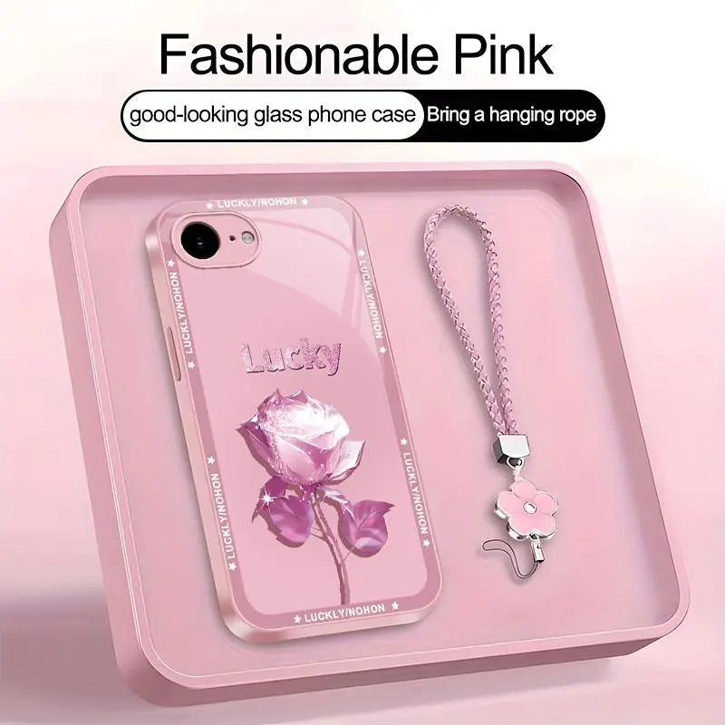 Suitable for [iPhone 16e] high-end women's phone case🤩，a beautiful four-leaf clover lanyard is included🍀，exquisite and sophisticated rose pattern, a phone case that brings you good luck YM99