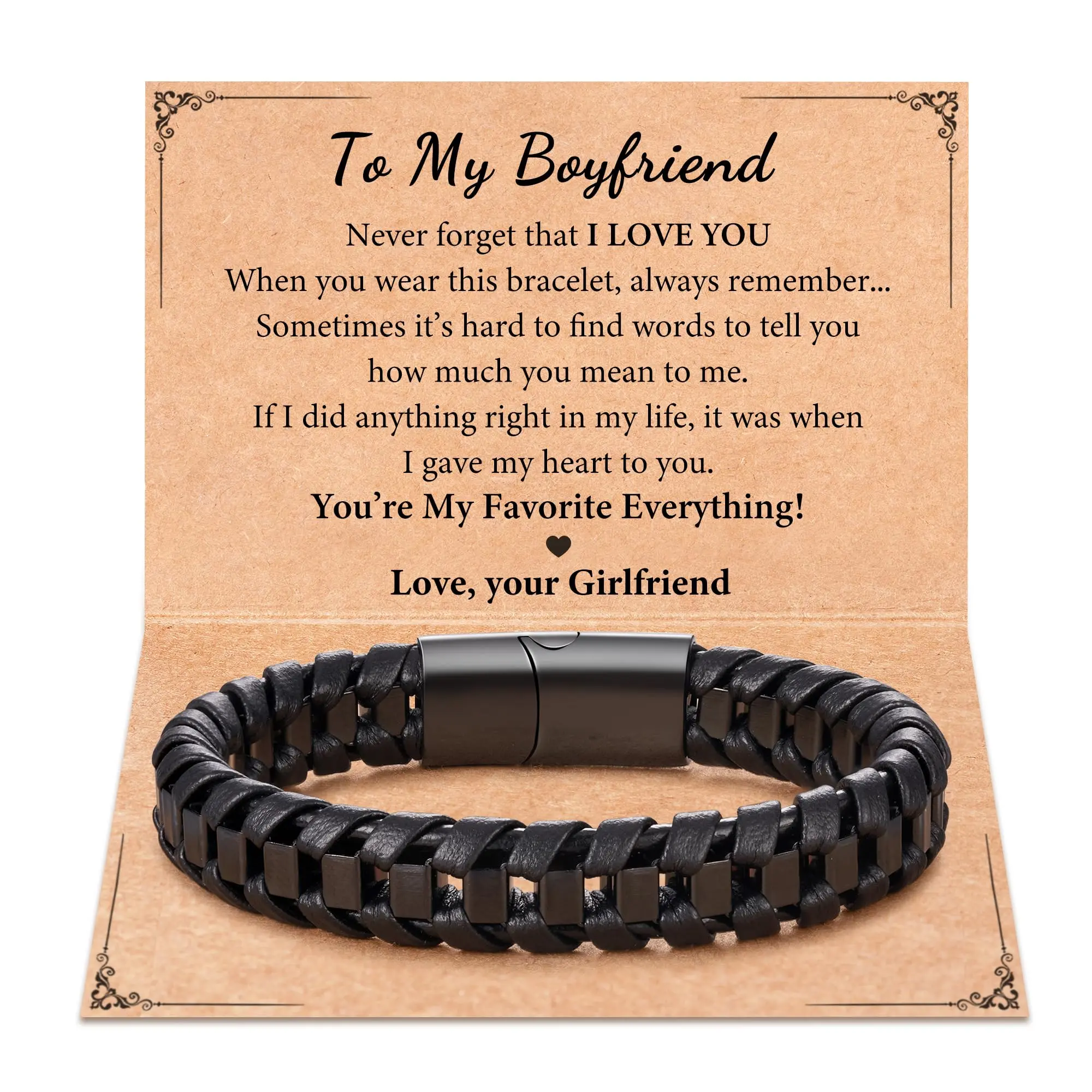 Men's Classic Woven Leather Bracelet - 8.5in, 0.5" Width, Stainless Steel Clasp, Jewelry Bag Included, Valentine/Anniversary Gift for Adult Male Husband