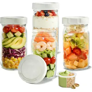 32oz Glass Salad Jars with Dressing Cup, 4pcs Leakproof Container with Lid Meal Prep, Dry Separation for Salad Dressing and Dry Ingredients