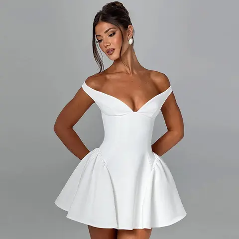 Women's Deep V-Neck Sleeveless Cutout Back A-Type Tulip Dress - Summer Plain Pleated Above-Knee Slim Mini Lady Clothes for Casual, Party Use