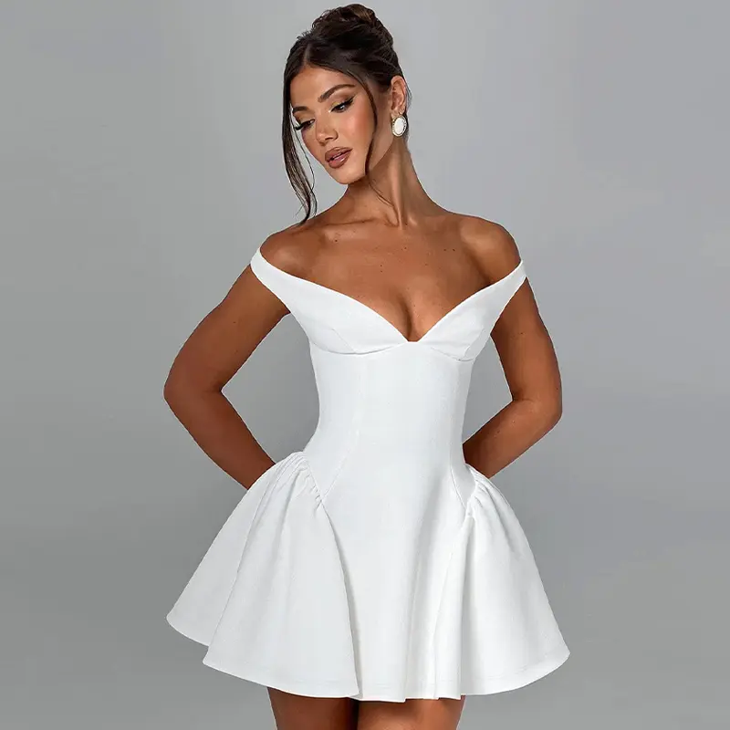 Women's Deep V-Neck Sleeveless Cutout Back A-Type Tulip Dress - Summer Plain Pleated Above-Knee Slim Mini Lady Clothes for Casual, Party Use