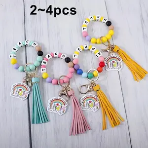 Silicone Beaded Letter Charms Keychain Bracelet, "Teach Tiny Humans" Charm Wristlet for Teachers, Letter Charms Keychains