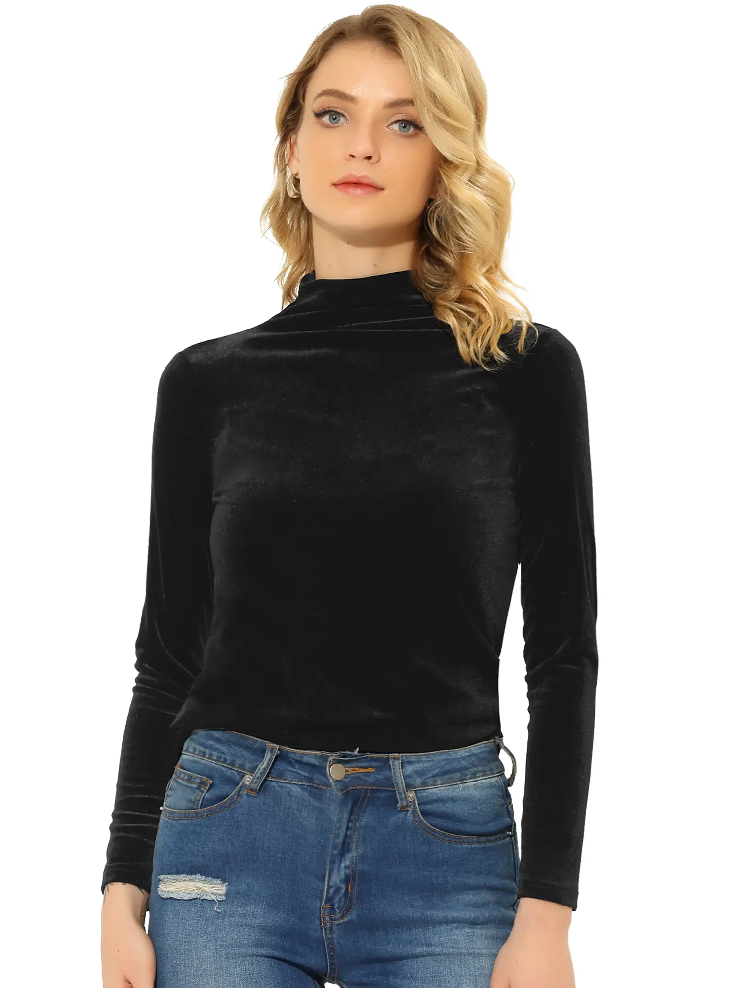 INSPIRE CHIC Turtleneck Vintage Velvet Top Long Sleeve Velour Blouse