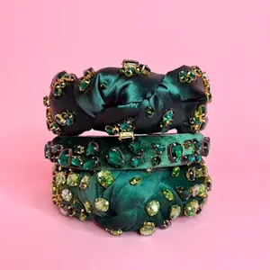 Brittyland Emerald Green Jeweled Headbands Hand-Sewn Crystal Holiday Velvet Winter Hair Accessories Luxe Top Knot Headband Gift