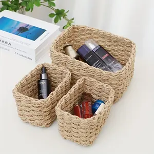 3-Piece Bohemian-Style Woven Storage Baskets Handcrafted cosmetic and miscellaneous storage boxes, suitable for shelf organization, cabinet drawers, and small woven baskets.