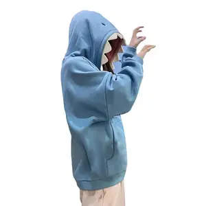 Kawaii Shark Patch Hoodie for Men Women Autumn Casual Long Sleeve Oversize Pullover Sweatshirt in Solid Color Polyester Blend Machine Washable Tops