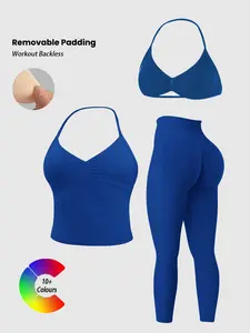 Women's Sporty Suit, Sleeveless Halter Top + Sports Bra + High-Waist Tight Pants, Detachable Padded Bra, Yoga & Running, Gym Workout Wear, Workout Sets