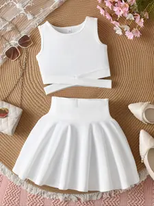 Girls' Plain Cut Out Criss Cross Vest Top & Pleated Short Skirt Set, Kids Girls Clothing, Fashion Casual Summer Sportswear, Perfect Gift