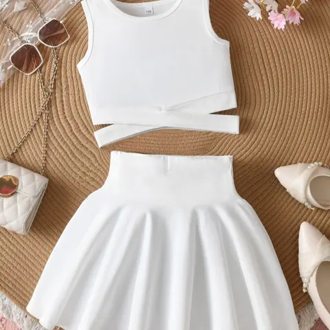 Teen Girls Plain Criss Cross Cut Out Vest Top & Pleated Short Skirt Set, Kids Girls Clothing, Casual Fashion, Sporty Style Clothes, Comfortable Fit, Perfect for Summer Sports
