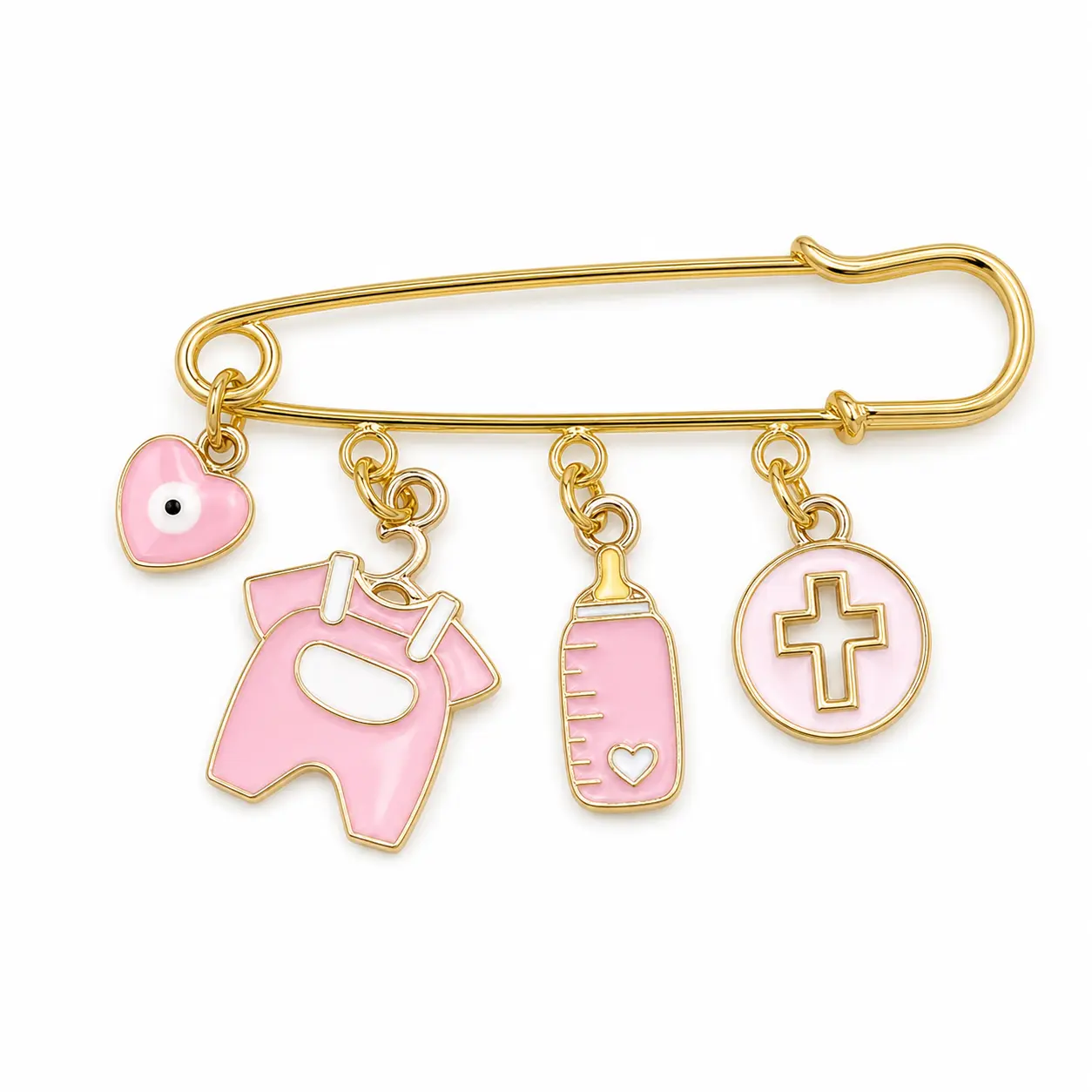 September Laurel Pink Baby Safety Pin Brooch for Mom to Be, Maternity Pin with Baby Clothes Bottle Heart Charms, Pregnancy Announcement Gift, Baby Shower Party Accessory