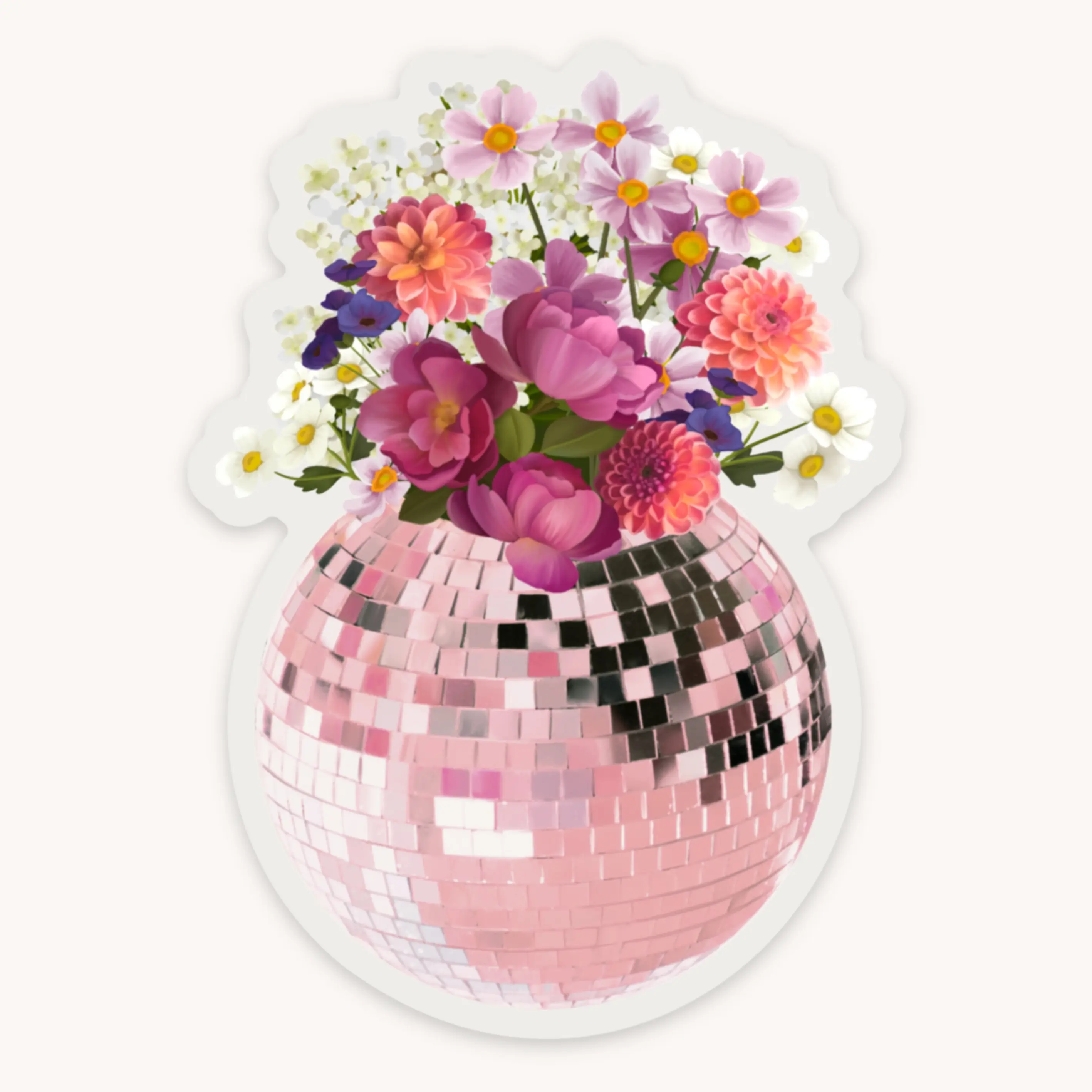 Disco Ball Bouquet Clear Waterproof Matte Finish Vinyl Sticker, 2.45x3.4"