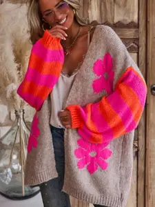 Women's Casual Knit Cardigan, Buttonless Sweater Coat, Mid-Length Striped Sleeves, Floral Embroidery, Boho Style, Fall & Winter, Knitwear