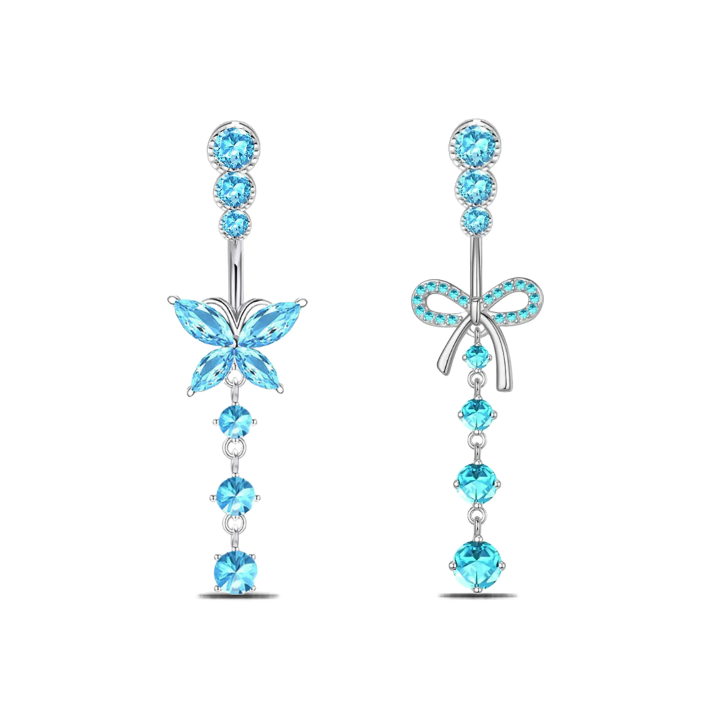 HERVAY 14G/10MM Bow Heart Belly Ring - Blue Silver Stainless Steel + Blue Crystal Butterfly - Unisex Jewelry
