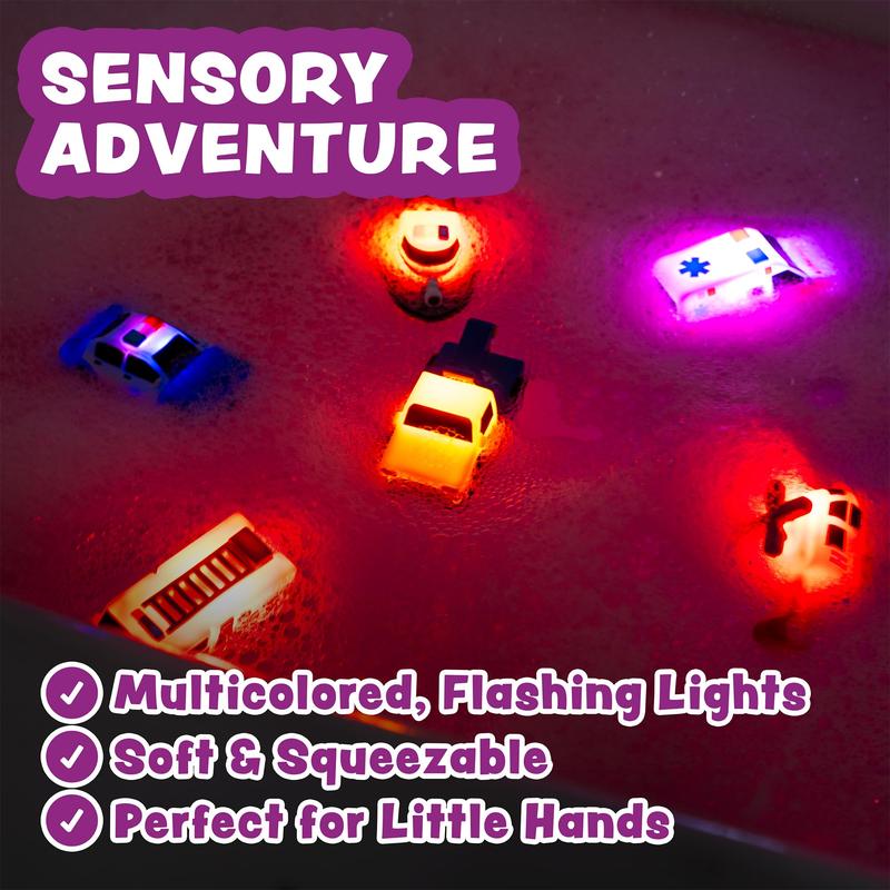 Emergency Cars Light Up Bath Toys, 6 Pack | Water-Activated Light Up Toys Flash & Change Color | Soft, Squeezable Baby & Toddler Bath Toys | Sensory Toys with Bath Lights for Kids Bath