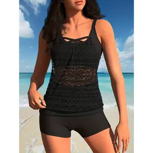 Women's Two Piece Crochet Mesh Tankini Swimsuit Black Criss Cross Front High Waist Tummy Control Boyshort Bottom Adjustable Straps Modest Flattering Bathing Suit 2026 Summer Beachwear for Pool Party Cruise Honeymoon Spa