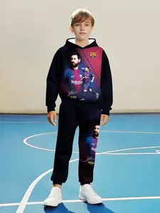 Boys' Football Theme Hoodie and Sweatpants Set, Sporty Ensemble, Casual Long Sleeve Spring & Fall, Comfortable Soft Fit, Outdoor Wear